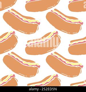 Nahtloses Hot-Dog-Muster. Fast Food Hintergrund. Gezeichnetes Lebensmittelmuster Stockfoto