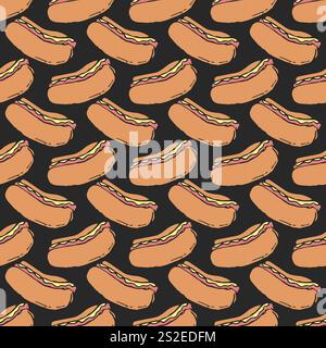Nahtloses Hot-Dog-Muster. Fast Food Hintergrund. Gezeichnetes Lebensmittelmuster Stockfoto