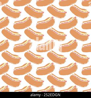 Nahtloses Hot-Dog-Muster. Fast Food Hintergrund. Gezeichnetes Lebensmittelmuster Stockfoto
