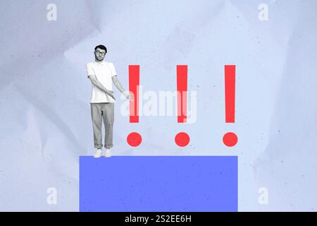 Vorlage Skizze Trend Grafik 3D Foto Collage des jungen Mannes Stand Hand zeigen Ausrufezeichen Aufmerksamkeit freie Stelle Mitarbeiter HR Rekrutierung Stockfoto
