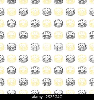 Nahtloses Burger-Muster. Gezeichneter Hamburger Hintergrund. Kritzele handgezeichnete Hamburger-Illustration Stockfoto