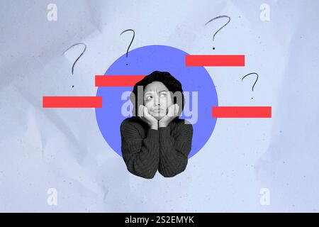 Composite-Artwork 3D-Fotocollage Trendvorlage von jungen Dame grimace Gesicht Fragezeichen denken Rekrutierung Arbeitsbereich Personal Stockfoto