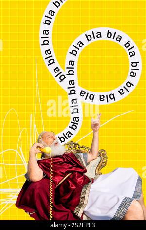 Exklusive Bild vertikale Foto-Collage von seriösen alten Mann alten griechischen Senator sprechen Telefon Telekommunikation bla bla bla bla Stockfoto