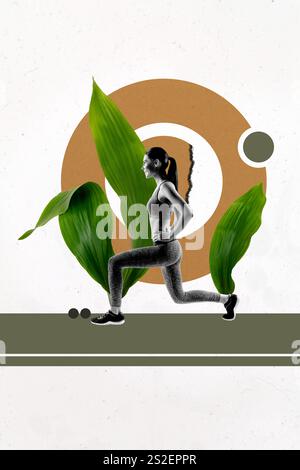 Poster Trend Skizze Vorlage 3D Collage der jungen Dame Sportswoman Übung Training Outdoor Pflanze verlässt Natur Sommer gesund Lebensstil Stockfoto