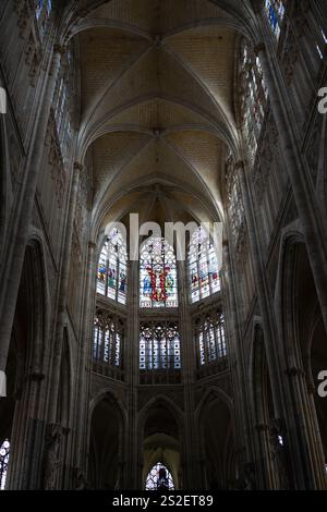 Buntglasfenster und Rippensteingewölbe erheben sich über dem Innenraum der Kathedrale in Le Mans, Frankreich. Stockfoto