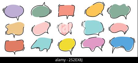 Set aus bunten, handgezeichneten Sprechblasen. Isoliert auf weißem Hintergrund. Stock Vektor