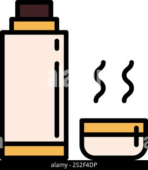 Symbol für Thermosflasche. Umrissvektorzeichen des Vakuumkolbens. Thermobecher für Camping- oder Alpinisten für Heißgetränke in linearer Form. Symbol, Protokoll Stock Vektor