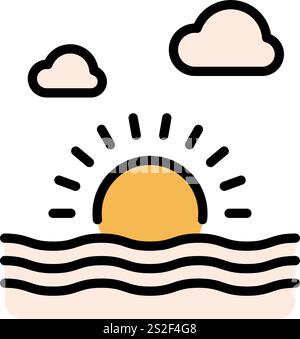 Symbol für den Sonnenuntergang im Ozean. Wasserwellen, Sonne und Wolken umreißen Vektorzeichen. Piktogramm in linearer Natur-Meereslandschaft. Symbol, Logo-Abbildung. Stock Vektor