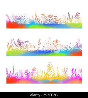 Legen Sie farbige Grassilhouetten horizontal lang Hintergrund fest. Handzeichnung. Keine Illustration des AI-Vektors Stock Vektor