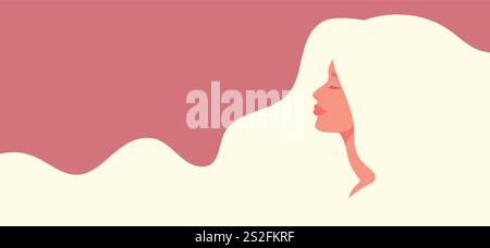 Schönheitsbanner mit wunderschöner blonder Frau mit langen Haaren im Profil. Frau mit langen, fließenden Haaren. Banner für Schönheitssalon, Friseursalon, Frauentag Stock Vektor