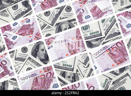 Eine Collage aus vielen Bildern von Euro-banknoten in Stückelungen von 100 und 500 Euro im Heap liegen Stockfoto