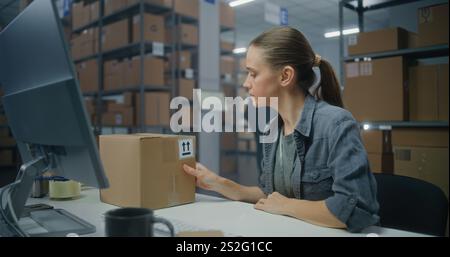 Weibliche Führungskraft scannt das Paket mit einem Strichcode-Scanner und gibt Daten auf dem Computer ein. Mitarbeiter des Sortierzentrums, die Kartons für die Lieferung an Kunden prüfen. Lagereinrichtung des Online-Shops oder der Post. Stockfoto