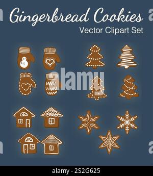 Weihnachten Lebkuchen Cookies mit Zuckerguss Vektor Clipart Set Schneeflocke Haus Kiefer Fäustling Cookie. Vektorabbildung Stock Vektor