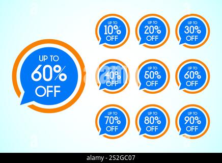 Bis zu 10, 20, 30, 40, 50, 60, 70, 80 und 90 Prozent Rabatt, Verkaufs-Tags-Set. Schild mit Angebotsangebot. Symbol für Sonderangebot. Rabattaktion Stock Vektor