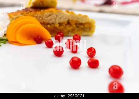 Ein Stück Kuchen sitzt auf einem weißen Teller, umgeben von leuchtend roten Beeren und Orangenscheiben, was eine farbenfrohe und einladende Präsentation perfekt schafft Stockfoto