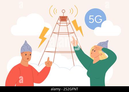 Verschwörungstheorie, elektromagnetischer Schild, Fake News und Gedankenkontrollproblem. Winzige Leute tragen Alufolie Hüte zum Schutz vor 5G Strahlung der Telekom Antenne Cartoon Vektor Illustration Stock Vektor