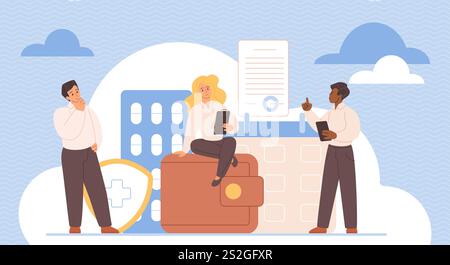 Mitarbeiterbeteiligungsplan, ESOP-Leistungspaket. Winzige Leute denken über Investitionen in Unternehmen, Gehalt und finanzielle Bonus, medizinischen Service und Entschädigung Cartoon Vektor Illustration Stock Vektor