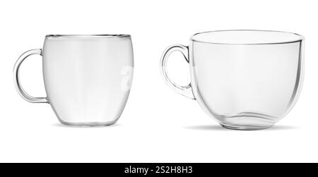 Modell für Teetasse aus transparentem Glas, isolierte Schablone. Restaurant Glaswaren blank realistische Illustration. Teetasse mit Griff, Einweggetränk Stock Vektor