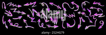 Neonrosafarbene Pfeile. Wachsmalstift zeichnet Grafitti-Elemente mit grünem Schatten ein. Sammlung von Vektorsymbolen für anthrazitfarbene Umrisssymbole für Fahrtrichtungsanzeiger Stock Vektor