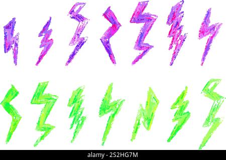 Set von Blitz durch Wachsstift Zeichnung. Sammlung von Handzeichnkreide, Lichterblinkschildern, Doodle Thunder Bolts, gelben Designelementen Stock Vektor