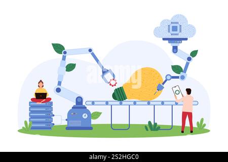 Entwicklung und Verbesserung digitaler Projekte, intelligente Innovation. Winzige Menschen und Roboterarme mit Zahnrädern montieren helle Glühbirne mit Stromkreis innen auf Förderband Cartoon Vektor Illustration Stock Vektor