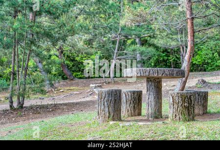 Ruhige Szene mit Tisch und Stühlen im Arashiyama Park, Japan. Stockfoto