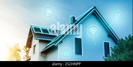 Modernes Smart Home mit leuchtenden Technologiesymbolen Stockfoto
