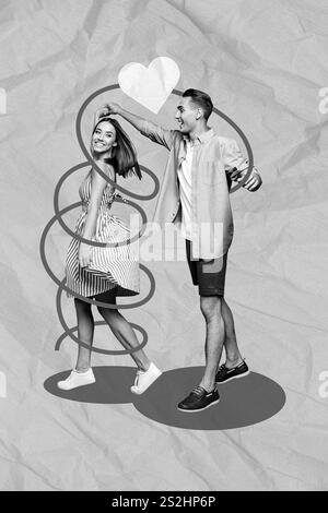 Vertikales Collagenbild von zwei positiven, reizenden Partnern, schwarz-weiße Gamma-Hände, die tanzen und Herzverbindungen zeichnen Stockfoto