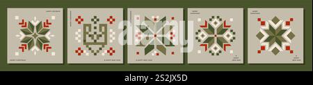 5 Neujahrskarten mit militärischen Motiven. Das Design ist von traditioneller ukrainischer Stickerei inspiriert. Stock Vektor