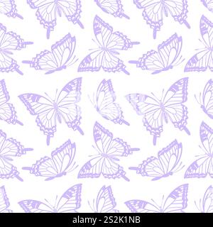 Eine nahtlose Vektor-Illustration mit zarten fliegenden Schwalbenschwanz-Schmetterlingen in weichen pastellfarbenen violetten Tönen. Dieses elegante Design fängt die Anmut von ein Stock Vektor