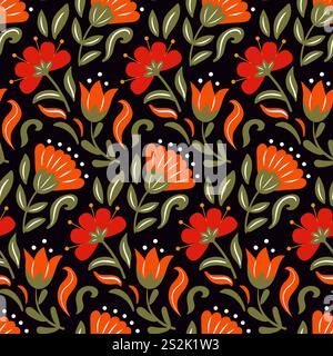 Eine wunderschön gefertigte Vektorillustration mit Blumenmustern im skandinavischen Stil, die mit slawischen Designelementen angereichert sind. Dieses Bildmaterial kombiniert Int. Stock Vektor