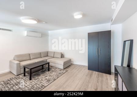 Wohnraum und Schlafzimmer. Stilvolles Apartment. Open Space Interior, Sofa, Couch und Schrank, Kleiderschrank. Hartholzboden und Teppich. Couchtisch. LED L Stockfoto