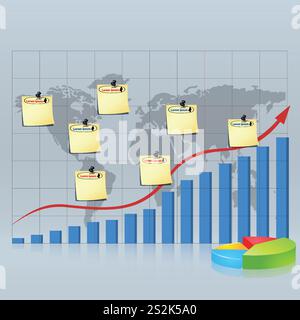 Strategische Karte mit Notizpapier. Unternehmensdiagramm mit wachsendem Diagramm und rotem Pfeil. Stock Vektor