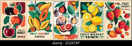 Set abstrakter Obstmarkt-Retro-Poster. Stock Vektor