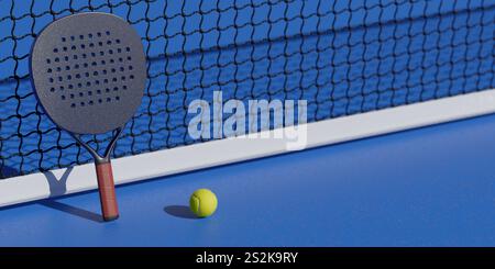 Ein Padel-Schläger und ein Ball befinden sich auf einem blauen Platz neben einem Netz. 3D-Rendering Stockfoto
