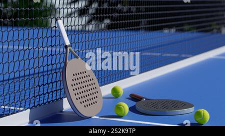 Eine lebhafte Szene mit Paddles POP Tennis und Bälle auf einem blauen Tennisplatz. 3D-Rendering Stockfoto