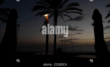 Ein Blick auf das Meer in der Abenddämmerung mit Silhouetten von Palmen und Sonnenschirmen unter einem dunklen Himmel. Eine ruhige Szene mit sanftem Abendlicht. Stockfoto