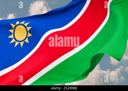 Nahaufnahme schwenkende Flagge Namibias. Nahaufnahme schwenkende Flagge Namibias. Blauer Himmel mit Wolken im Hintergrund. Reise, Tourismus, Reise, Land, Tour, Urlaub, Reise, Ziel, Urlaub. 3D-Illustration Country FLAG WAVING namibia Stockfoto
