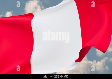 Nahaufnahme, die Flagge von Peru schwenkt. Nahaufnahme, die Flagge von Peru schwenkt. Blauer Himmel mit Wolken im Hintergrund. Reise, Tourismus, Reise, Land, Tour, Urlaub, Reise, Ziel, Urlaub. 3D-Illustration Country FLAG WAVING peru Stockfoto
