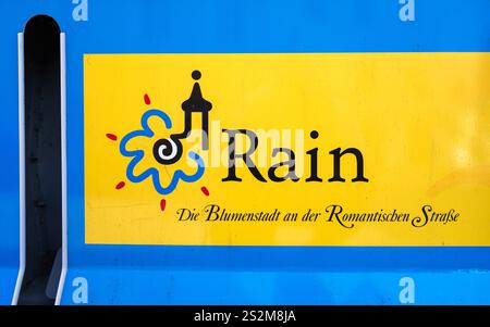 Rain, Deutschland - 8. August 2024: Deutscher Text, übersetzt in englisch: Rain, Blumenstadt auf der romantischen Straße Stockfoto