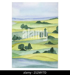 Sanfte grüne Hügel, Bäume und überlagerte Felder in sanften Gelb- und Grüntönen. Handgemalte Aquarelllandschaft Clipart. Ideal für naturbelassene Schreibwaren, Wandbilder oder umweltfreundliche Verpackungen Stockfoto