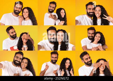 Ein vielseitiges Paar teilt freudige Momente in einer farbenfrohen Collage aus Liebe und Zuneigung Stockfoto