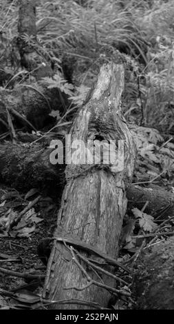 Eine schwarz-weiße Nahaufnahme eines verfallenen Baumstamms, der auf dem Waldboden liegt, umgeben von Blättern und dichter Vegetation, die natürliche Texturen betont. Stockfoto