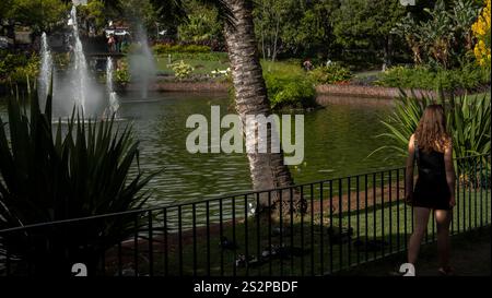 Ein landschaftlich reizvoller Park mit einem ruhigen Teich mit Springbrunnen, üppigem Grün und einer Frau, die an einem Geländer entlang läuft und die friedliche Umgebung im Freien genießt. Stockfoto
