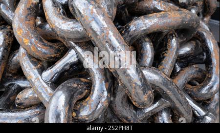 Eine Nahaufnahme schwerer, rostfreier Metallketten, die miteinander verflochten sind und die industrielle Festigkeit und eine verwitterte Textur im Detail zeigen. Stockfoto