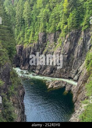 Der Capilano River am Fuße des Cleveland Dam im Capilano Regional Park in North Vancouver, British Columbia, Kanada. Stockfoto