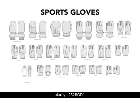 Set von Sporthandschuhen Mode mit Namen Hand Accessoire Kleidung technische Illustration Kleidung. Vektor für Männer, Frauen, Unisex flache Vorlage CAD-Zeichentrickstil isoliert auf weißem Hintergrund Stock Vektor