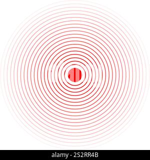 Symbol für die Schmerzlokalisierung. Rote konzentrische Kreise. Symbol für Schmerzen, Schmerzen oder Entzündungen. Puls-, Strahlungs- oder Vibrationszeichen. Abdeckung oder Beschädigung, Funksignal oder Echolotwellenpiktogramm. Vektorabbildung. Stock Vektor