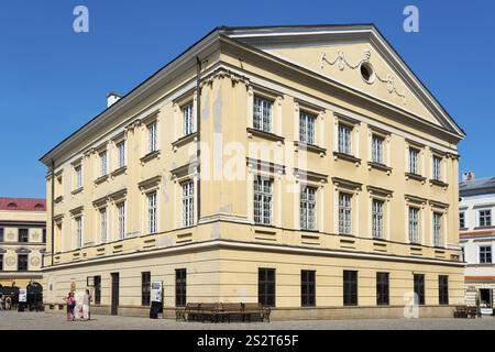 Historisches gelbes Gebäude mit klassischen Elementen und Fensterreihen unter klarem Himmel, Standesamt, ehemaliger Sitz des Krontribunals, Altstadt M Stockfoto