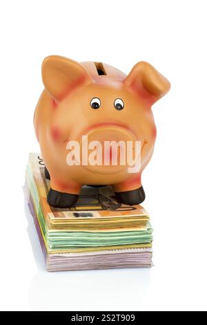 Eine Sparkasse steht auf Banknoten und symbolisiert Sparsamkeit, Rentabilität, Rückkehr Österreich Stockfoto